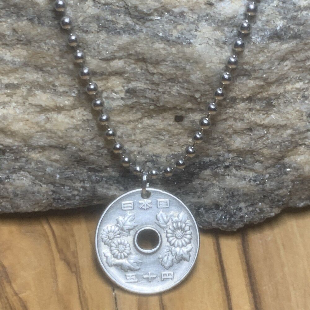 Japan Shōwa 50 Yen Coin Pendant Japanese Chrysanthemum Flower . A1